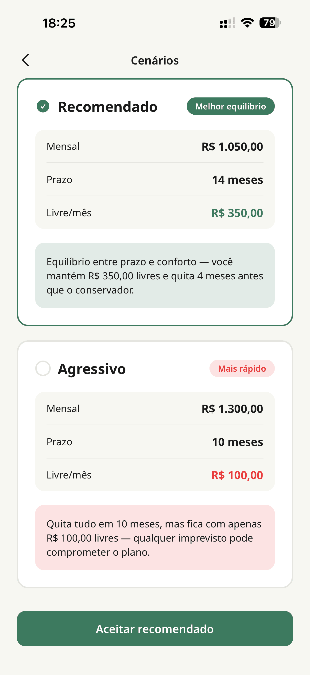 PlanoQuita effort scenarios: recommended and aggressive, with monthly amount, term, and free cash per month